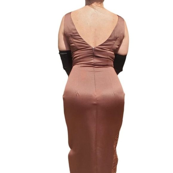 Vintage Brown Satin Square-Neck Slim-Cut Evening Gown 90s Y2K Size 6 - Picture 6 of 16